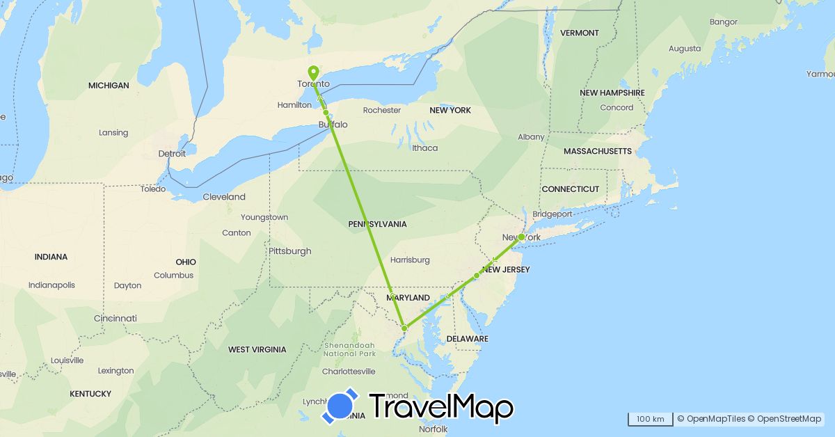 TravelMap itinerary: driving, electric vehicle in Canada, United States (North America)